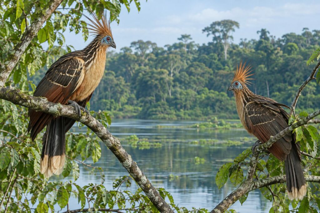Deux Hoatzins (Opisthocomus hoazin) se répondent sur les branches d’un lac amazonien