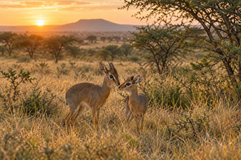 Dik-dik de Kirk — a pair in golden grass at dawn