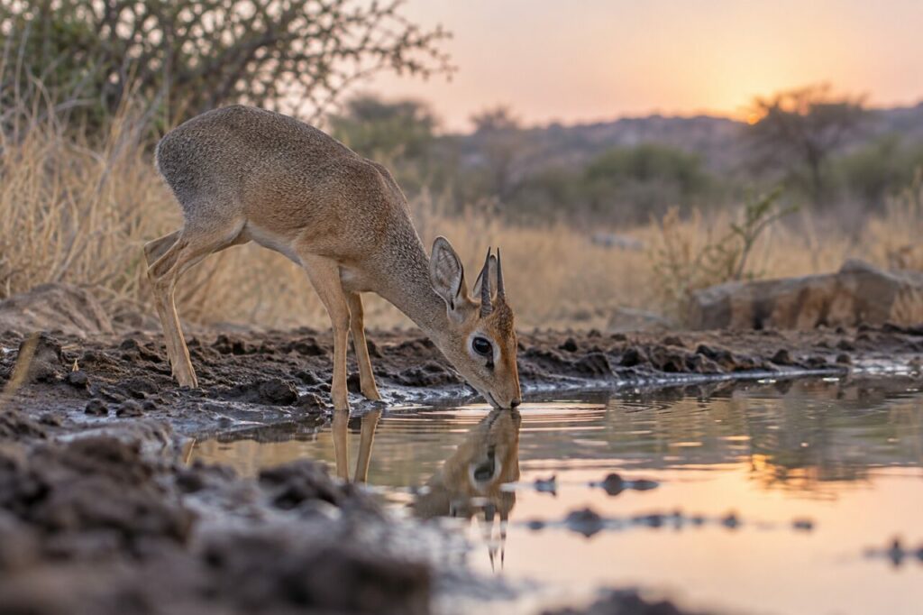 Dik-dik de Kirk — drinking beside a shallow waterhole