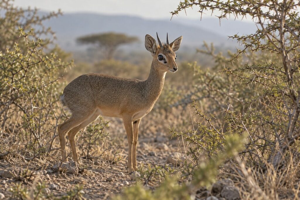Dik-dik de Kirk — standing among dry acacia scrub