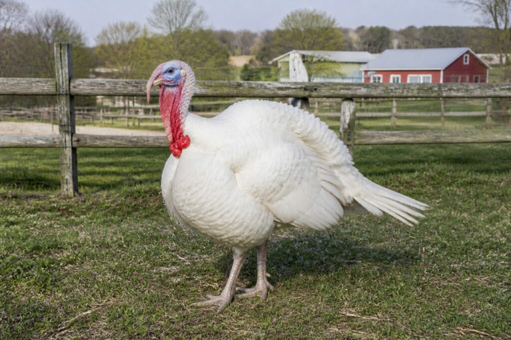 Dinde domestique blanche à large poitrine dans une ferme de l’Ohio, États-Unis