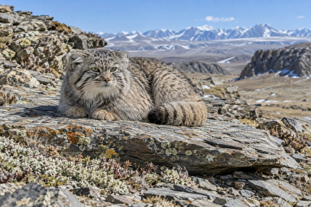 Éboulis de schiste sous un chat de Pallas à la queue rayée