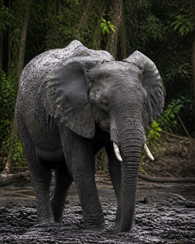 Elefante africano — Di fronte sul terreno umido