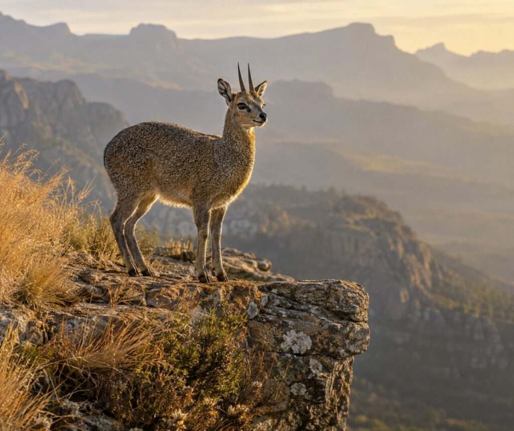 En alerte, mâle klipspringer sur la tablette de grès