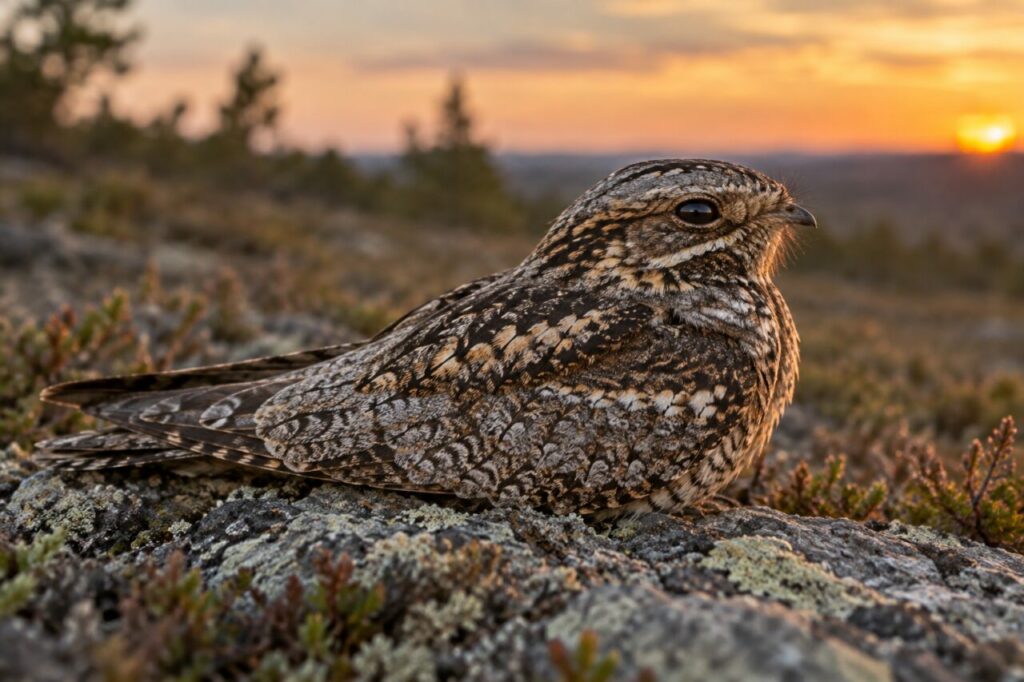 Chotacabras europeo de las landas — close portrait in warm evening light