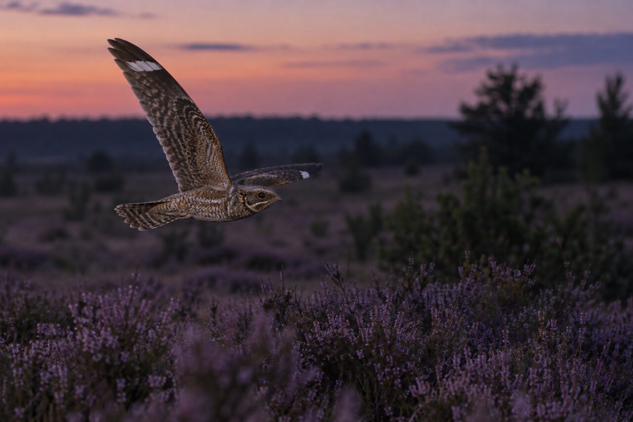 Chotacabras europeo de las landas — flying above purple heather at twilight