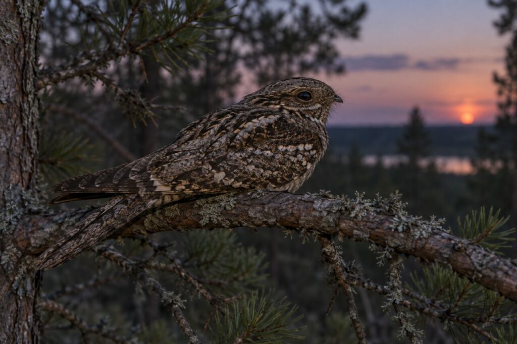 Chotacabras europeo de las landas — perched on a low pine branch