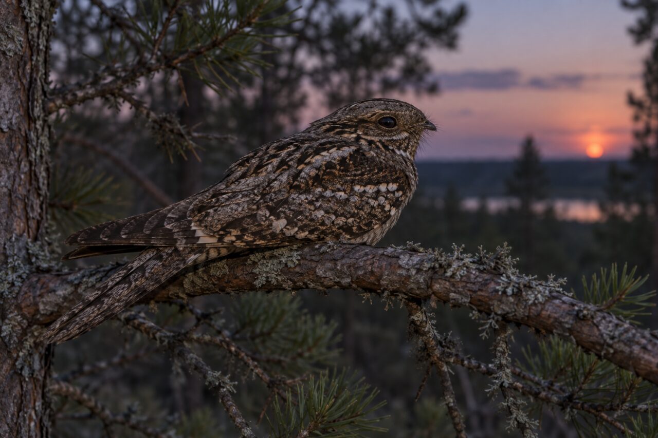 Engoulevent d’Europe des landes — perched on a low pine branch