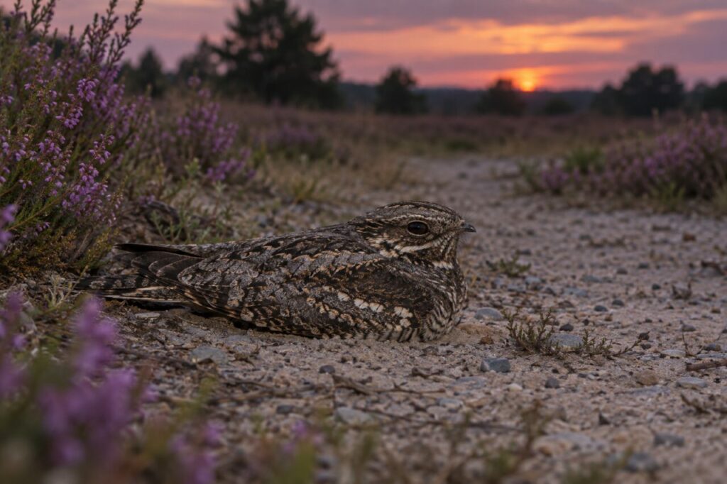 Chotacabras europeo de las landas — resting on a heathland track at dusk
