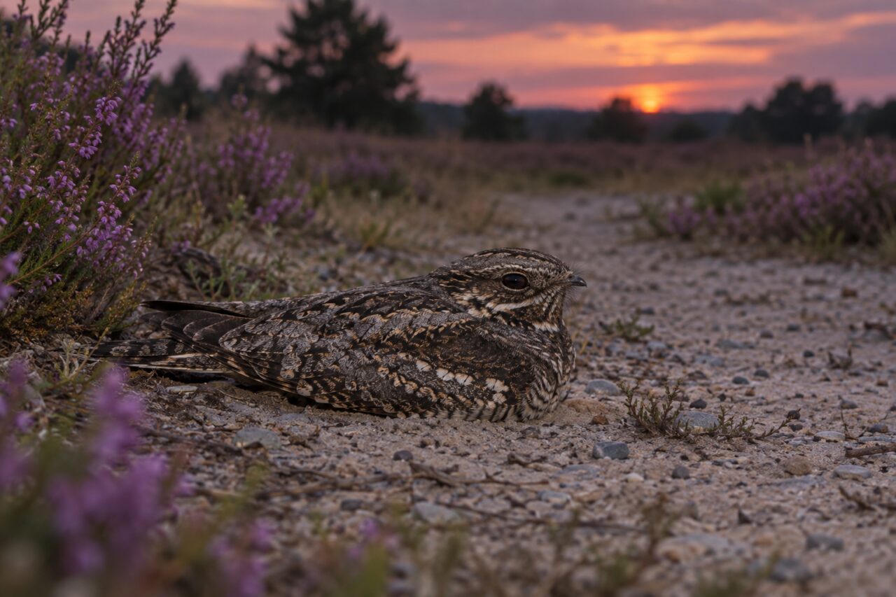 Chotacabras europeo de las landas — resting on a heathland track at dusk