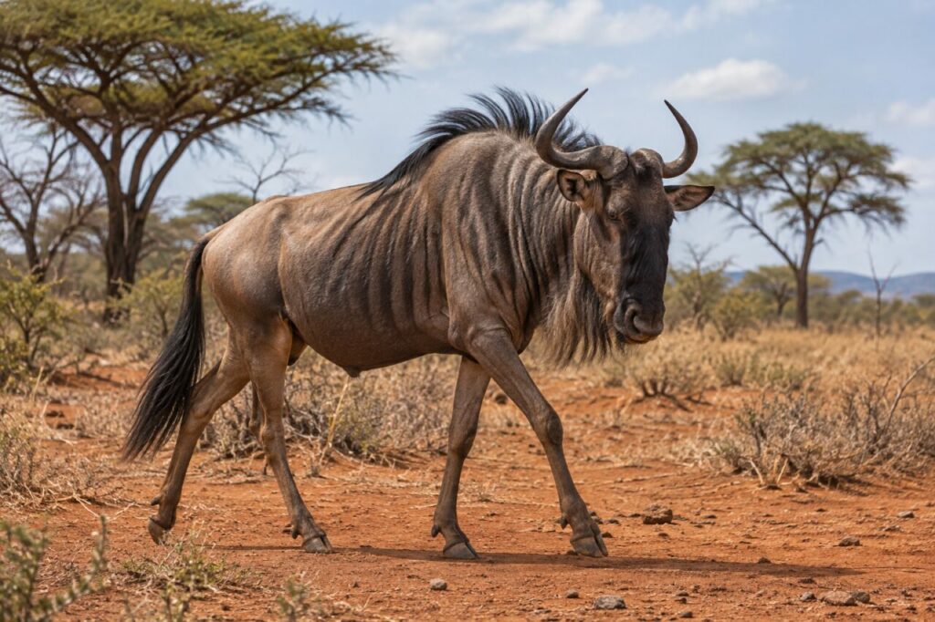 Entre les miombo woodland, blue wildebeest au bord des dry grass