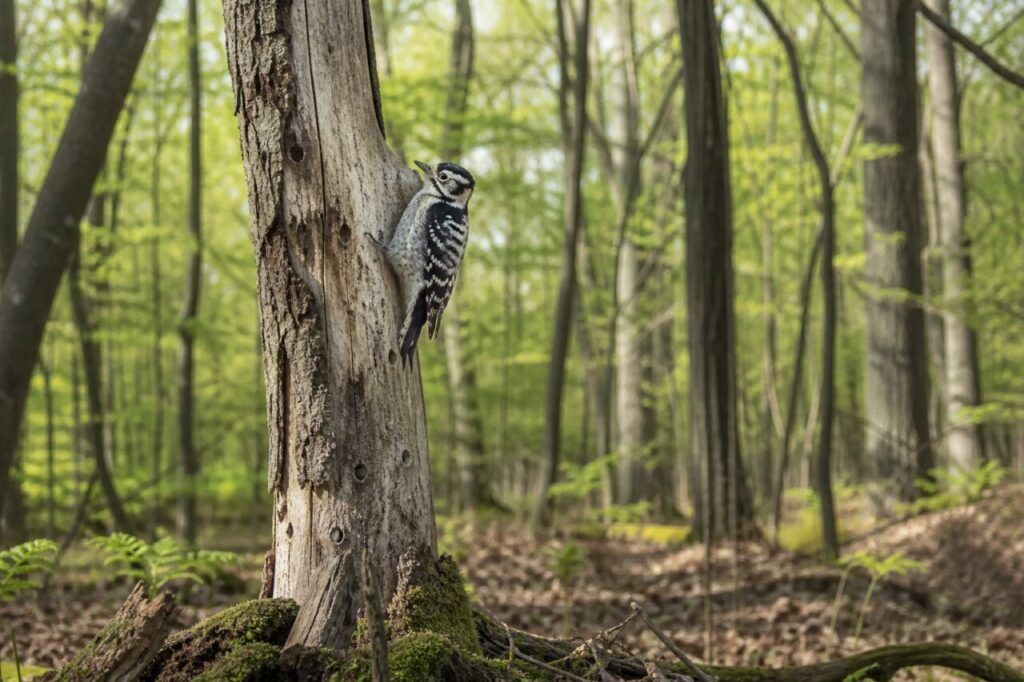 Épeichette adulte Dryobates minor seule sur un tronc mort dans une forêt européenne de chênes et de charmes