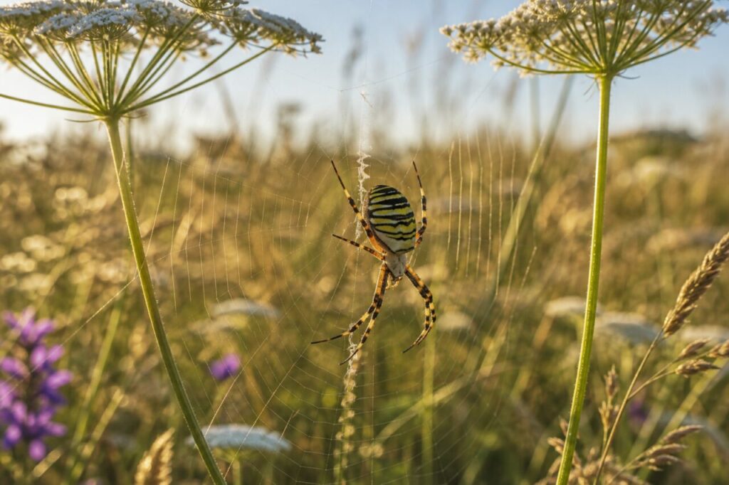 Ragno vespa sospeso tra le ombrelle in una radura incolta