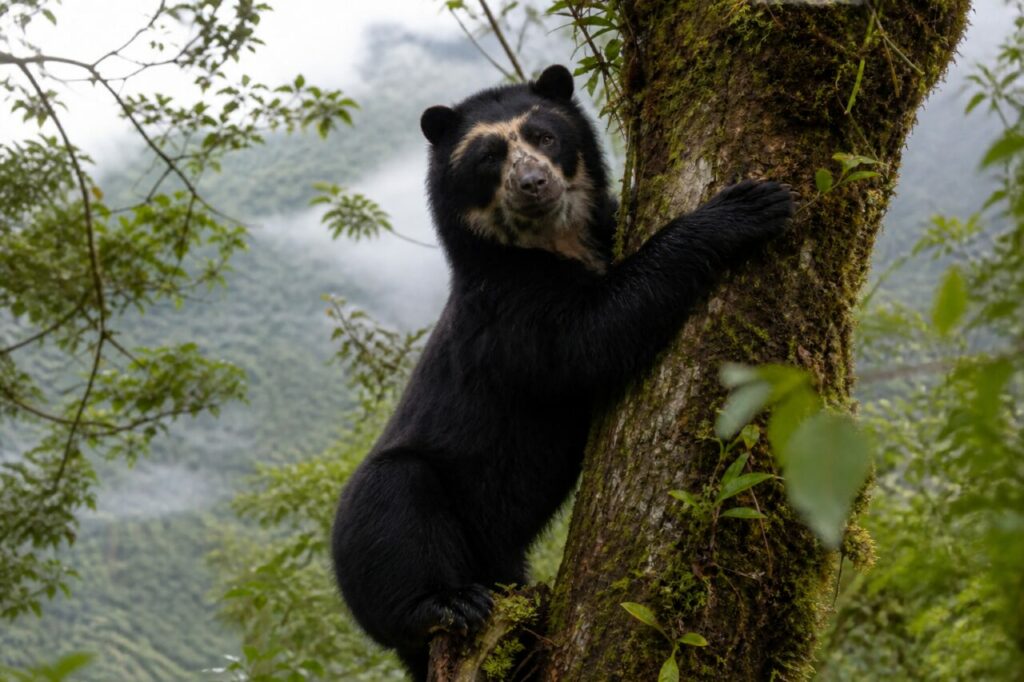 Abbraccio al tronco muschioso — Orso dagli occhiali