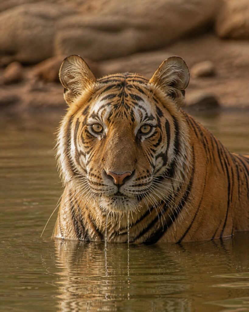 Sguardo frontale appena sopra lʼacqua immobile, osservazione ravvicinata — Tigre