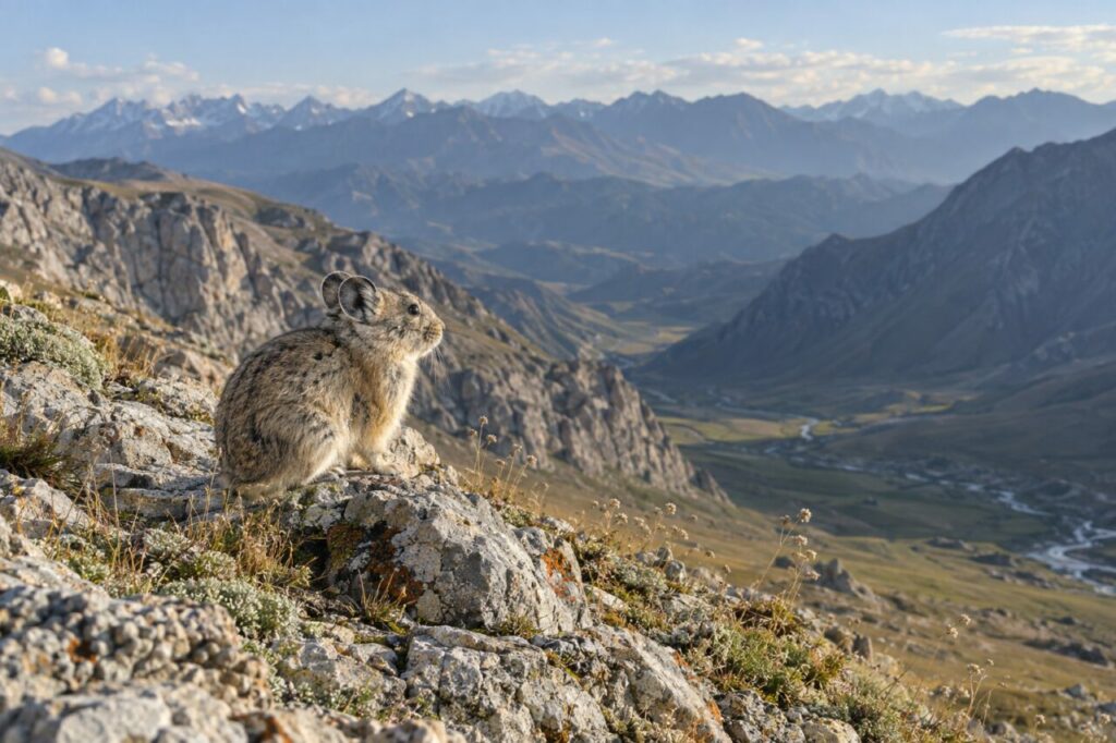 Falaise secrète — pika d’Ili (Ochotona iliensis) émergeant d’une fissure calcaire des Tian Shan