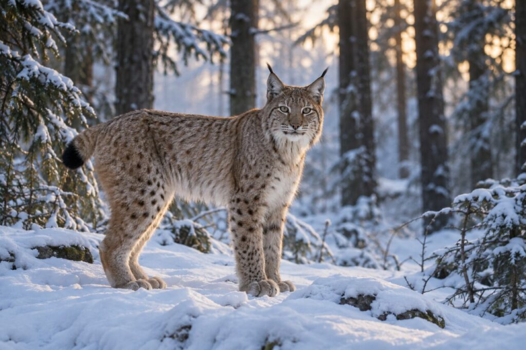 Dans la neige, parmi les conifères — lynx eurasien (Lynx lynx)