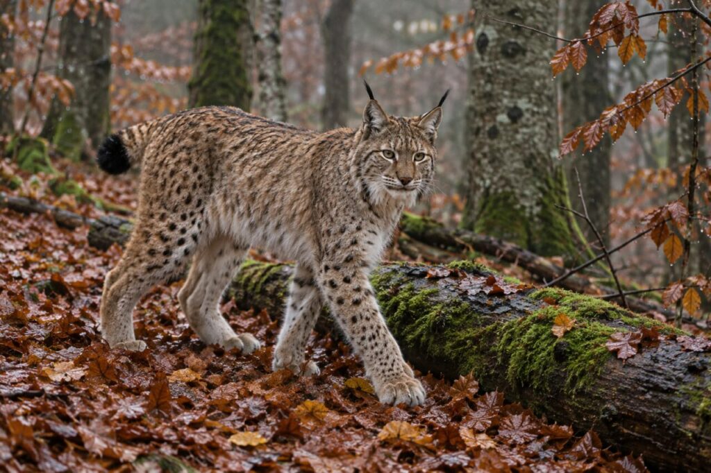 Parmi les feuilles d’automne et le bois moussu — lynx eurasien (Lynx lynx)