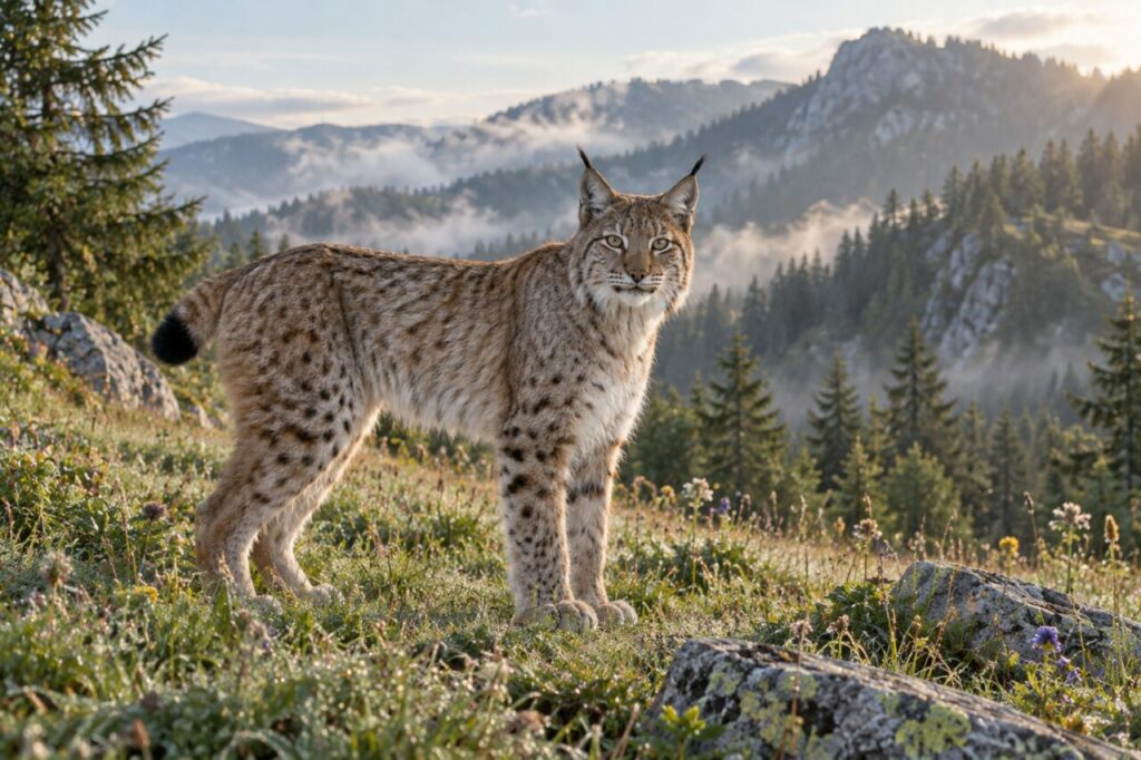 Dans une prairie alpine fleurie — lynx eurasien (Lynx lynx)