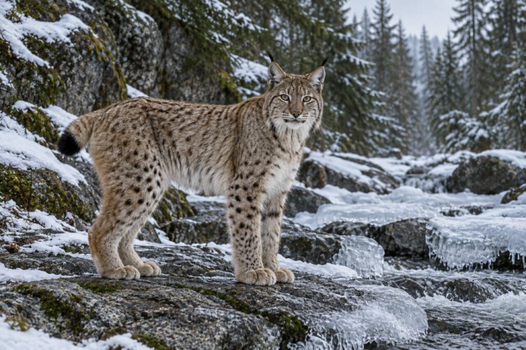 Au bord d’un ruisseau enneigé — lynx eurasien (Lynx lynx)