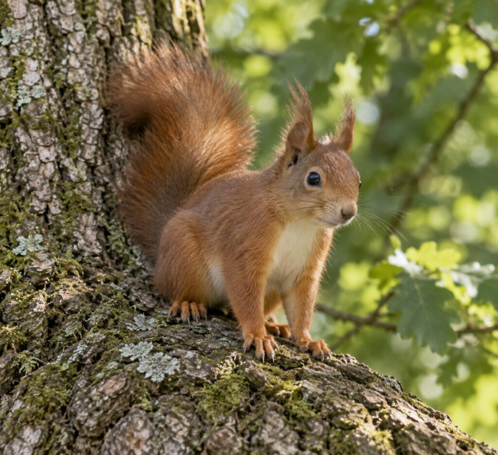Am Fuß der alten Eiche auf flechtenbedeckter Rinde — Eurasisches Eichhörnchen (Sciurus vulgaris)
