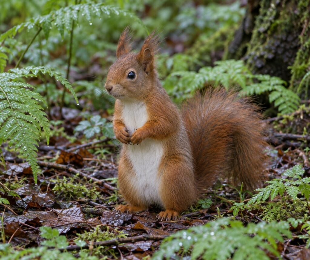Zwischen feuchten Farnen und nassen Wedeln — Eurasisches Eichhörnchen (Sciurus vulgaris)