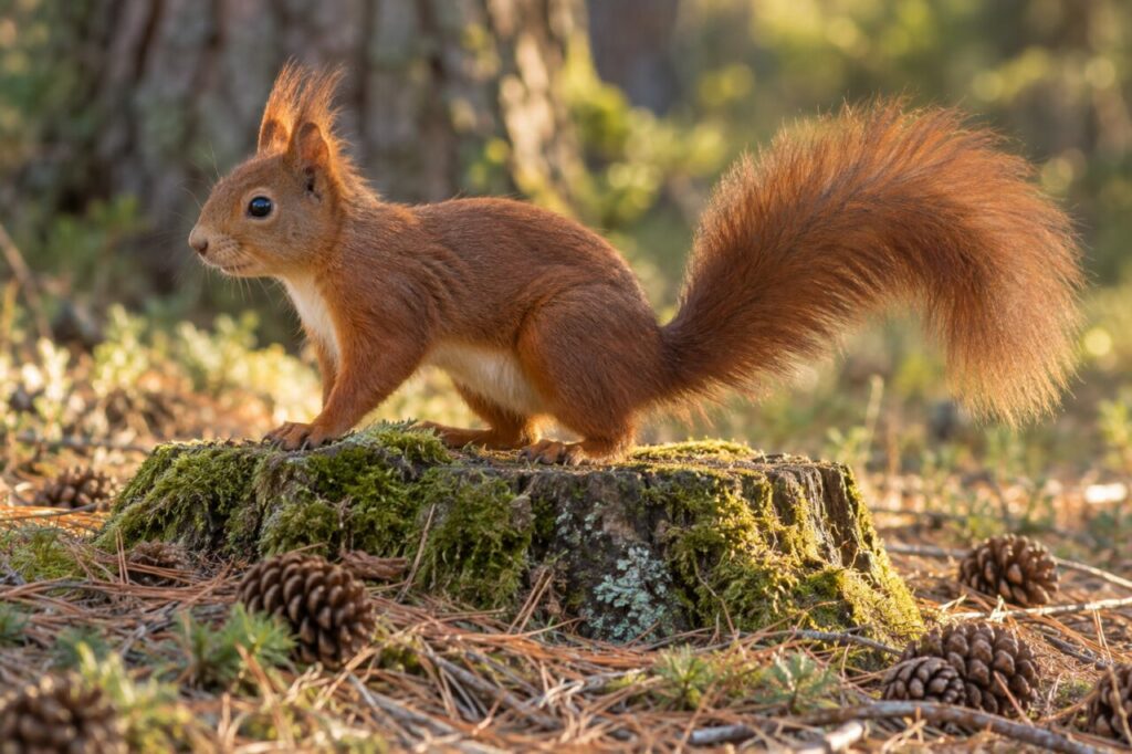 Auf dem moosigen Baumstumpf neben Kiefernzapfen — Eurasisches Eichhörnchen (Sciurus vulgaris)