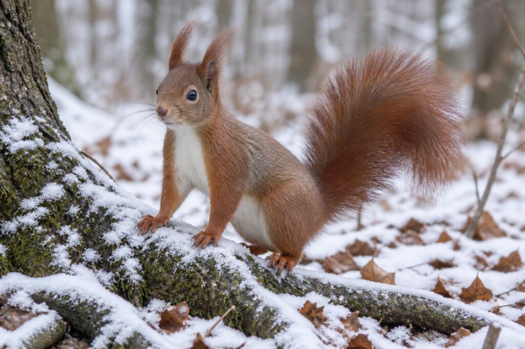 Im verschneiten Unterholz auf einer Wurzel — Eurasisches Eichhörnchen (Sciurus vulgaris)