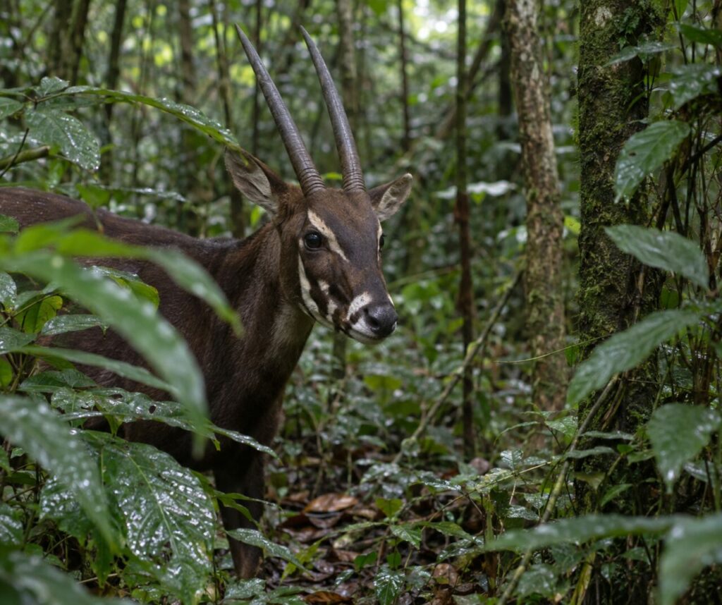 Feuillage humide — saola (Pseudoryx nghetinhensis) broutant des feuilles sous la forêt persistante des monts annamitiques