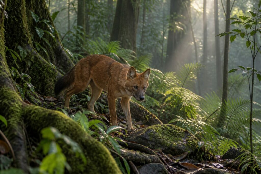 Forêt brumeuse — dhole d’Asie (Cuon alpinus), émergeant entre les racines moussues