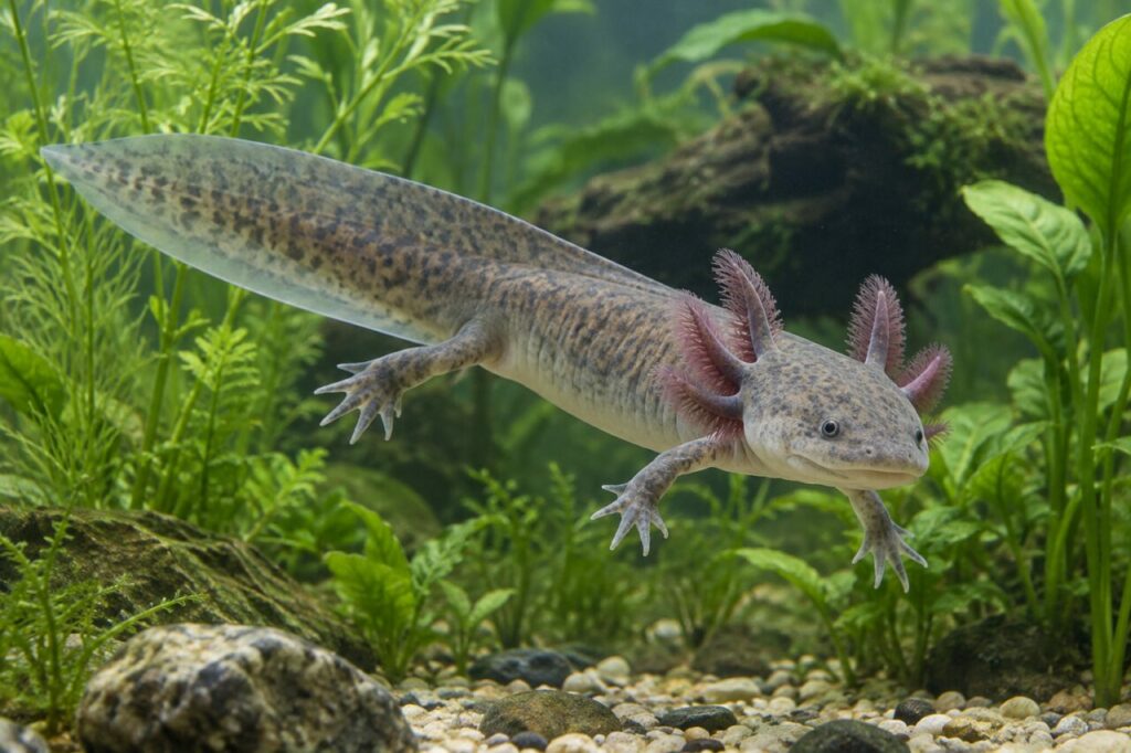 Axolotl allongé au-dessus des graviers