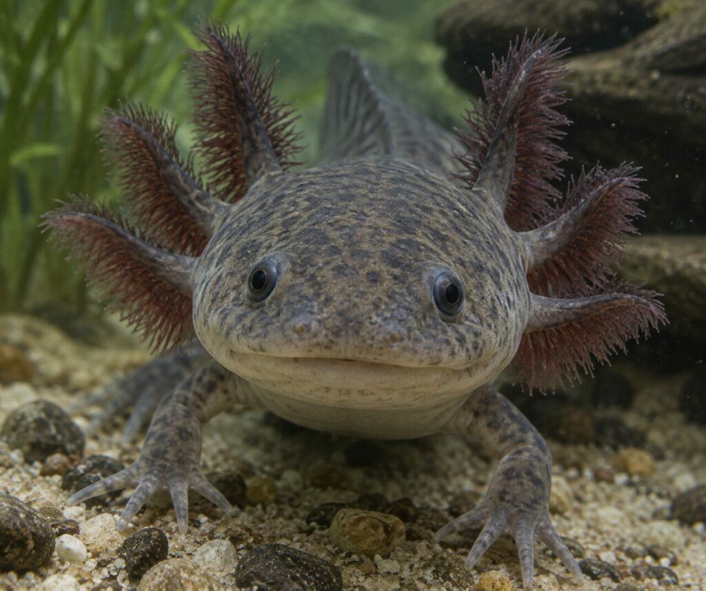 Axolotl face aux graviers et aux plantes