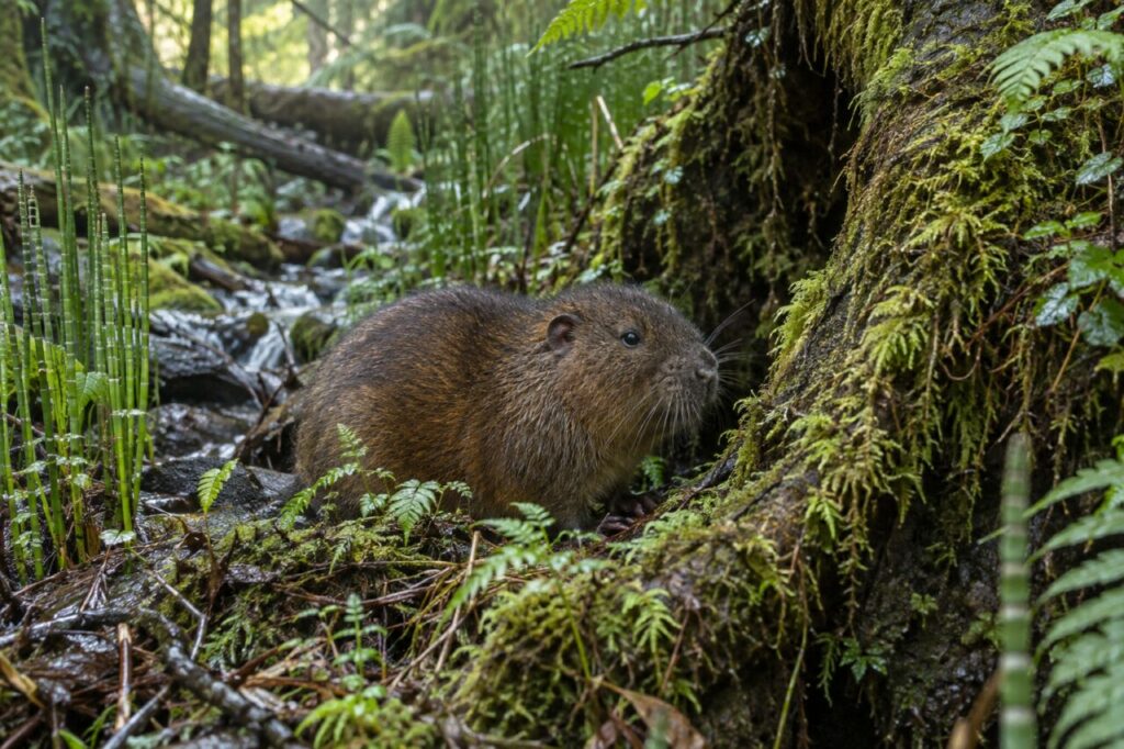 Aplodonte près d’une racine moussue dans une ravine forestière