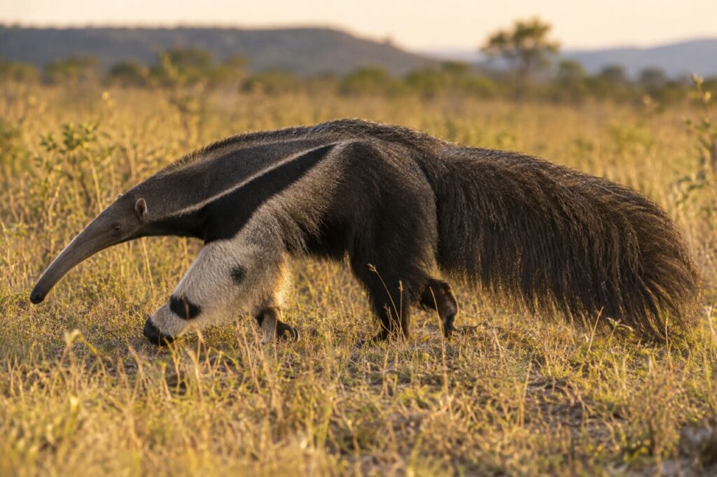 Tamanoir marchant dans le cerrado aux herbes dorées