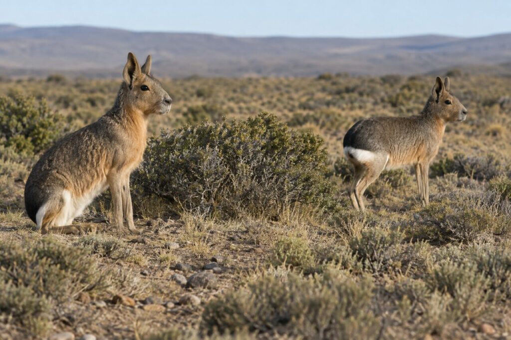 Deux maras de Patagonie parmi les buissons
