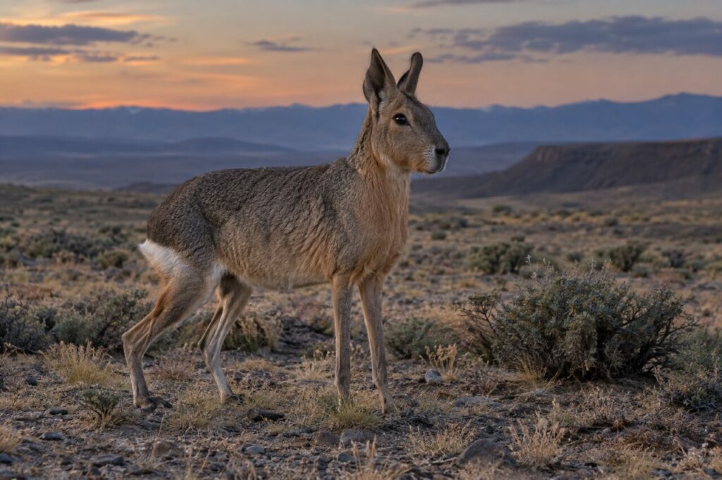 Mara de Patagonie dans les herbes au crépuscule