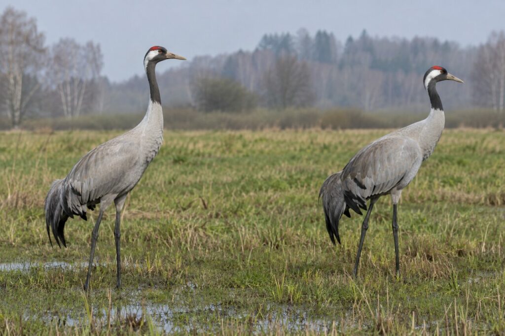 Deux grues cendrées dans une prairie humide