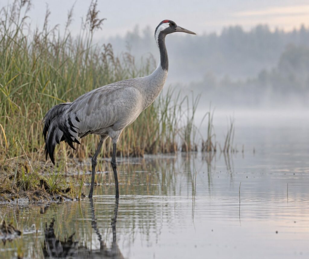 Grue cendrée au bord d’un lac brumeux