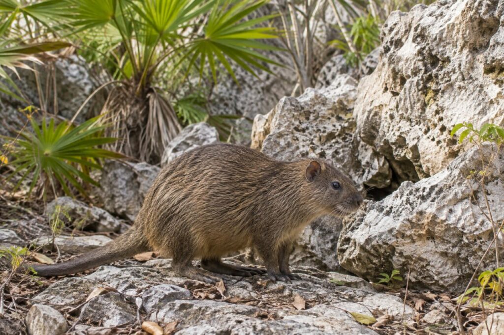 Hutia de Desmarest près des rochers et des palmes cubaines