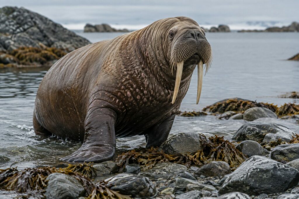 Rive rocheuse arctique avec un morse parmi les galets et les algues