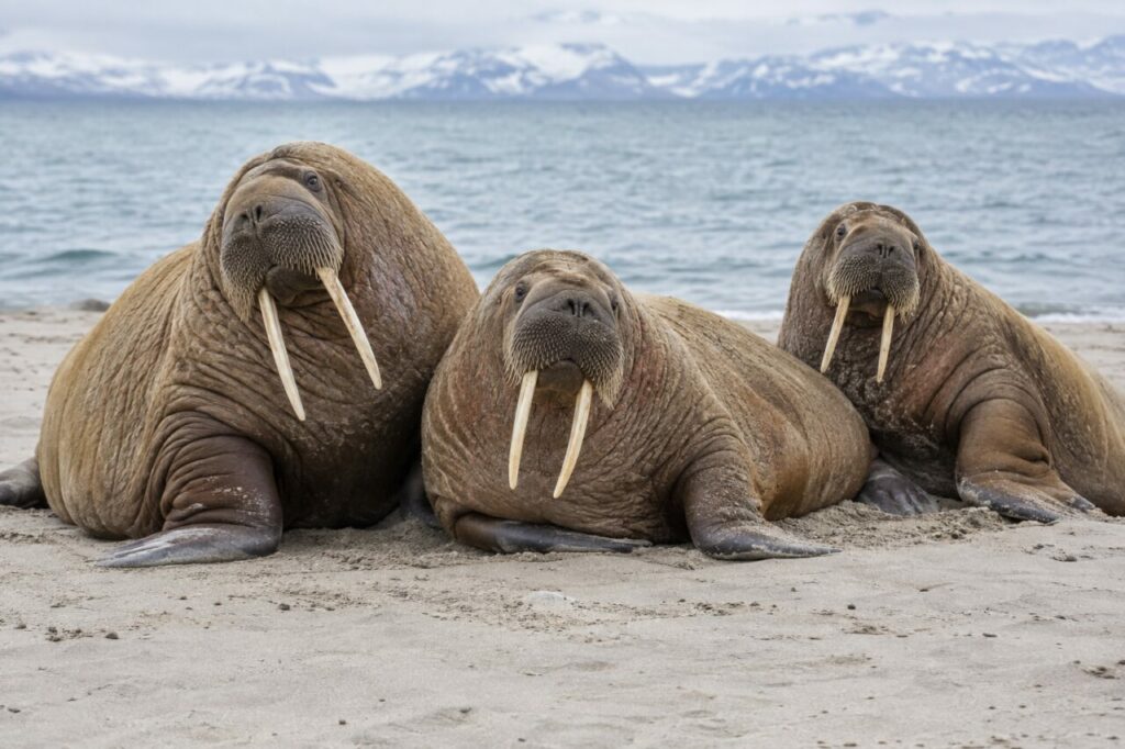 Groupe de morses sur une plage arctique