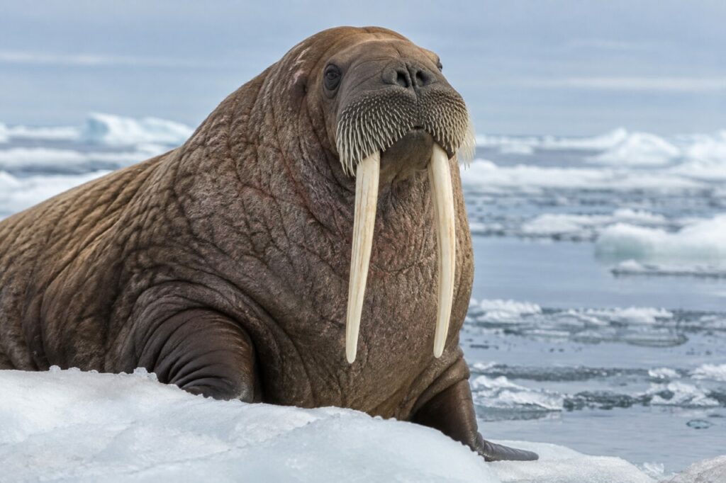 Tête de morse au-dessus de la glace
