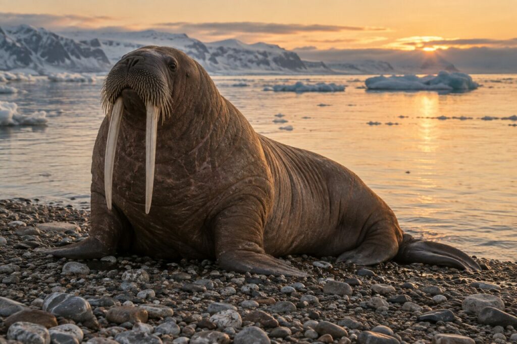Lumière dorée sur un morse au bord de l'eau au soleil couchant