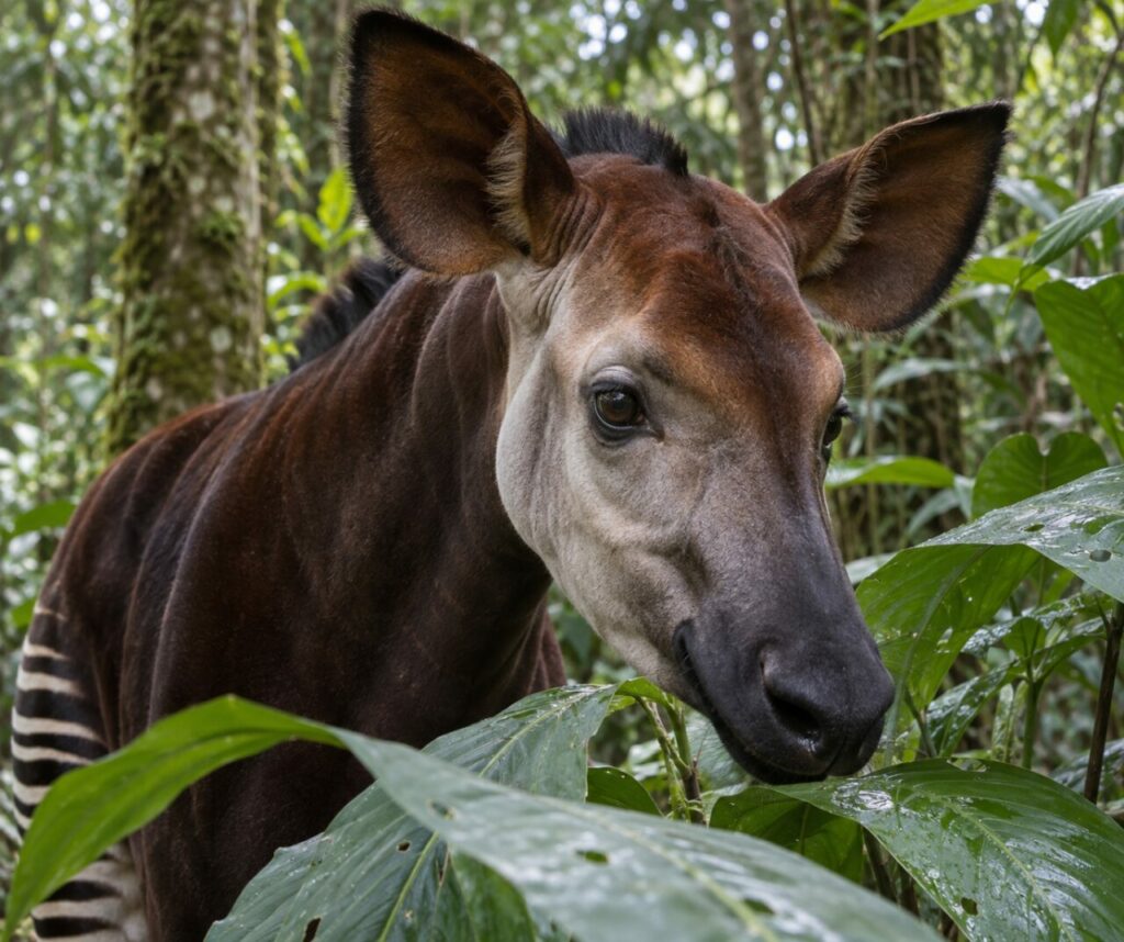 Tête d’okapi parmi les grandes feuilles de la forêt