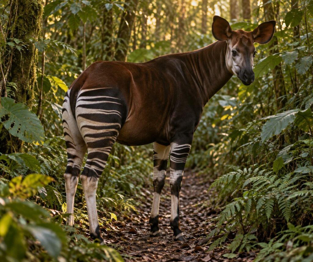 Okapi sur un sentier de forêt tropicale