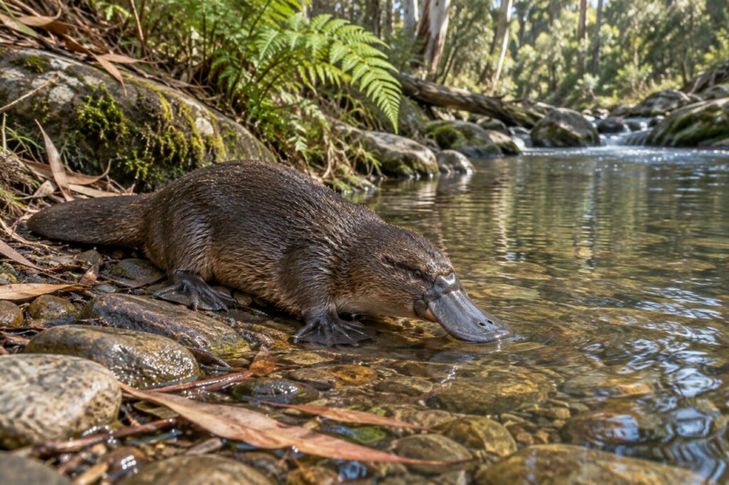 Ornithorynque au bord d’un ruisseau forestier australien