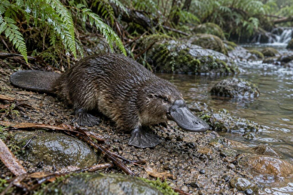 Ornithorynque sur une berge boueuse après la pluie