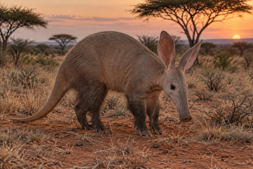 Oryctérope dans la savane africaine au coucher du soleil