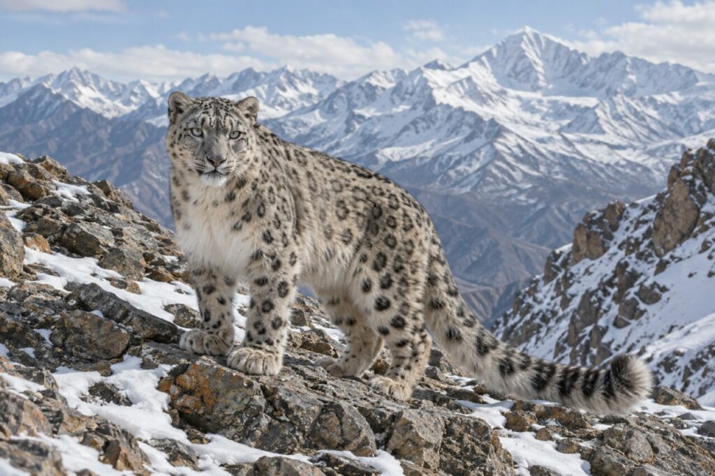 Léopard des neiges sur une pente alpine enneigée