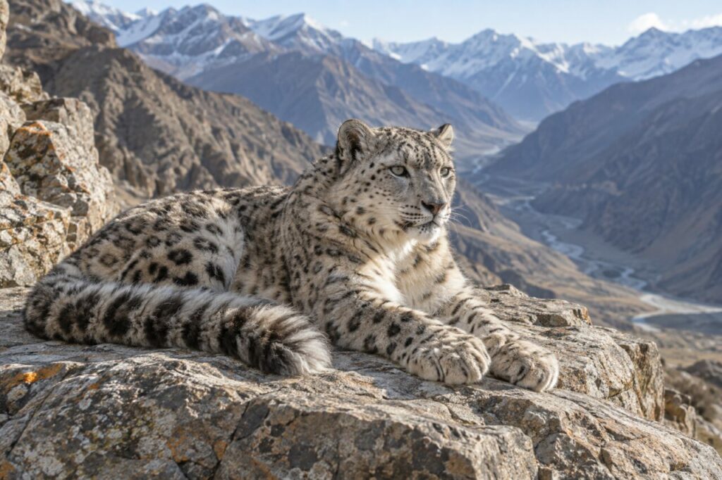 Léopard des neiges allongé sur une corniche rocheuse